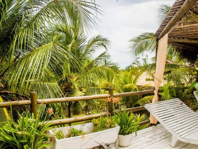 Caminho entre bangalôs em meio ao jardim tropical